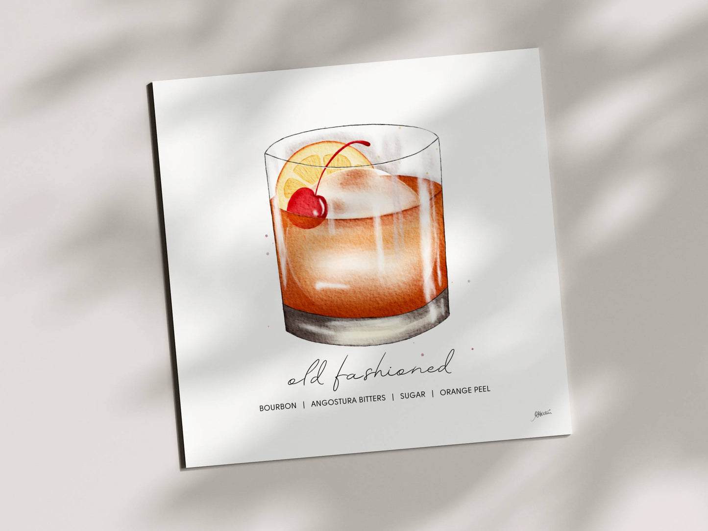 Old Fashioned - Cocktail Art Print (8x8) | Watercolor Bar Decor
