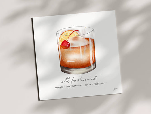 Old Fashioned - Cocktail Art Print (8x8) | Watercolor Bar Decor