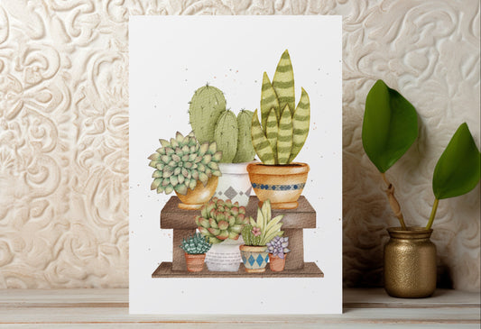 Illustration of a plant shelf with various potted plants on a textured wall background