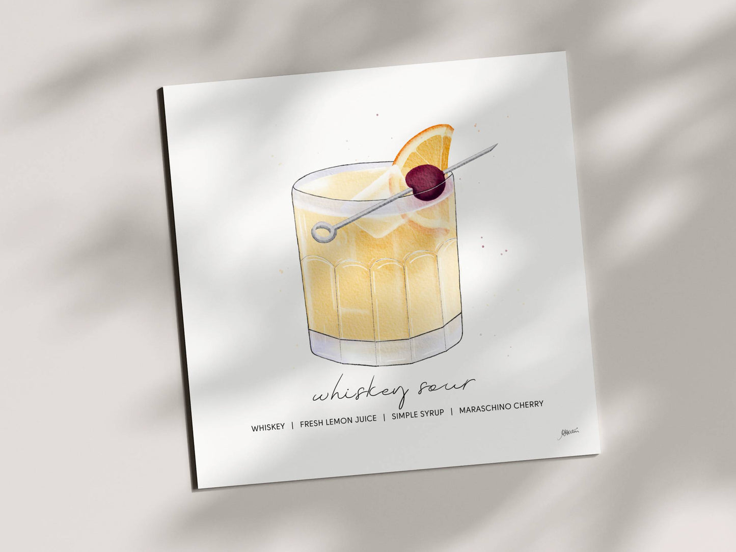 Whiskey Sour - Cocktail Art Print (8x8) | Watercolor Bar Decor